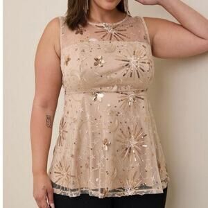 Torrid NWT Gold Embroidered Mesh Sleeveless Celestial Babydoll Tank 5X